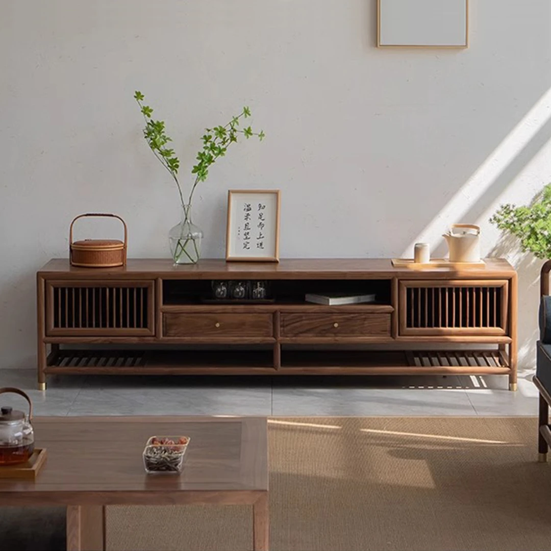 北美复古客厅电视柜黑胡桃木电视柜家用储物柜新中式实木柜子地柜