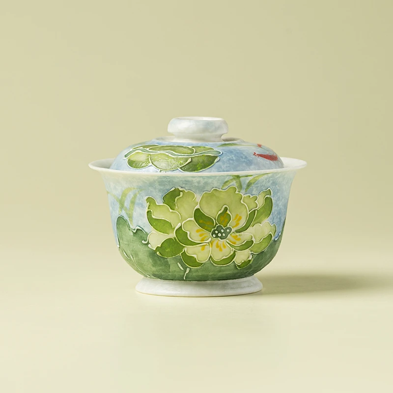 赞朴高足盖碗茶杯陶瓷荷畔映波蓝女士不烫手泡茶碗田园风功夫茶具