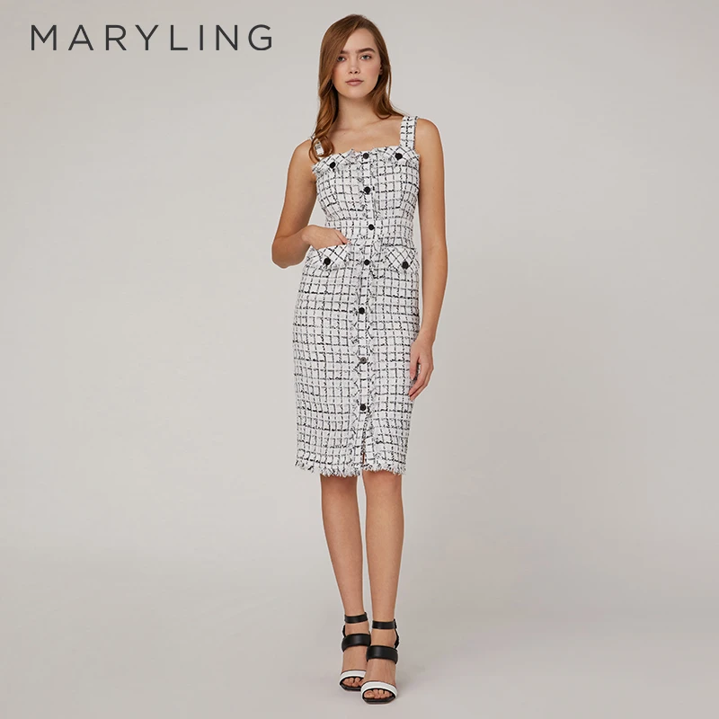 MARYLING玛俪琳春秋时尚复古黑白格粗花呢直身背心裙 A1CBW61530
