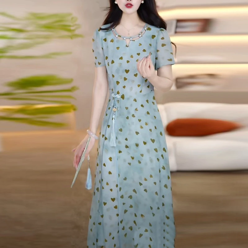 芙蓉丝轻奢女装2025夏季新款时尚洋气减龄优雅温婉名媛风连衣裙子