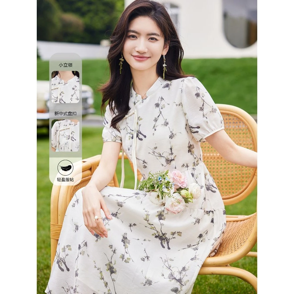 水沐飞新中式女装白色水墨印花盘扣连衣裙夏绝美可穿旗袍裙微胖