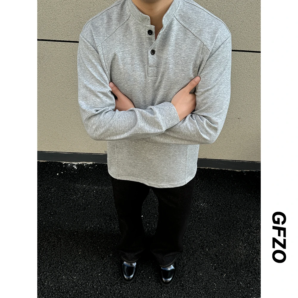 果冻棉亨利领T恤男款纯色cleanfit长袖设计感高级感正肩上衣潮