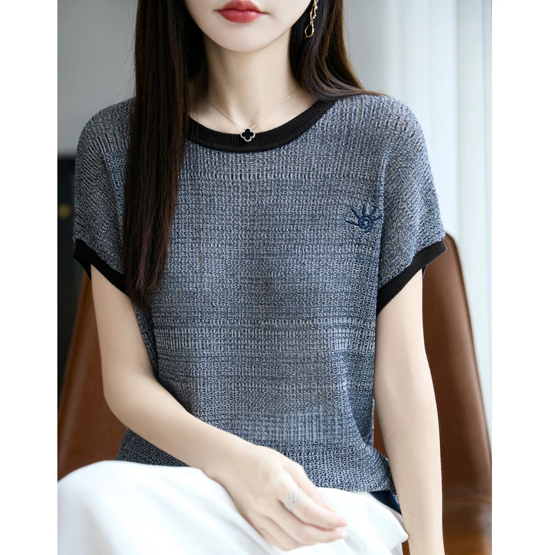 撞色显瘦刺绣短袖大版T恤女夏季新款洋气打底衫t恤针织上衣百女款