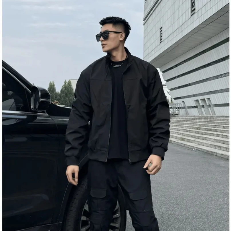 美式立领教练夹克男士春秋潮流复古冲锋衣显肩宽工装休闲百搭外套
