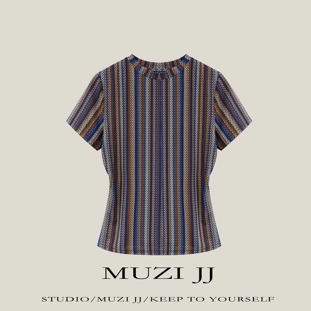 MUZI原创-小众设计感彩色编织印花圆领短袖T恤29879