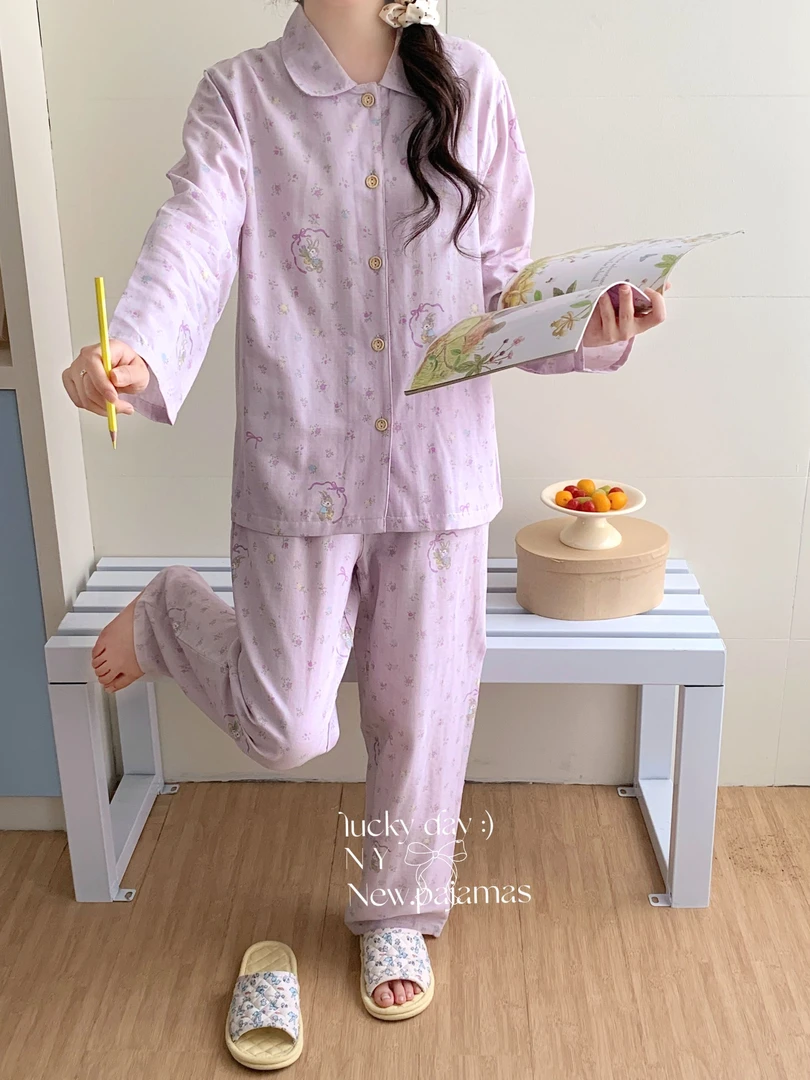 2025新款紫色小兔纯棉全棉双层纱小翻领睡衣女透气长袖长裤家居服