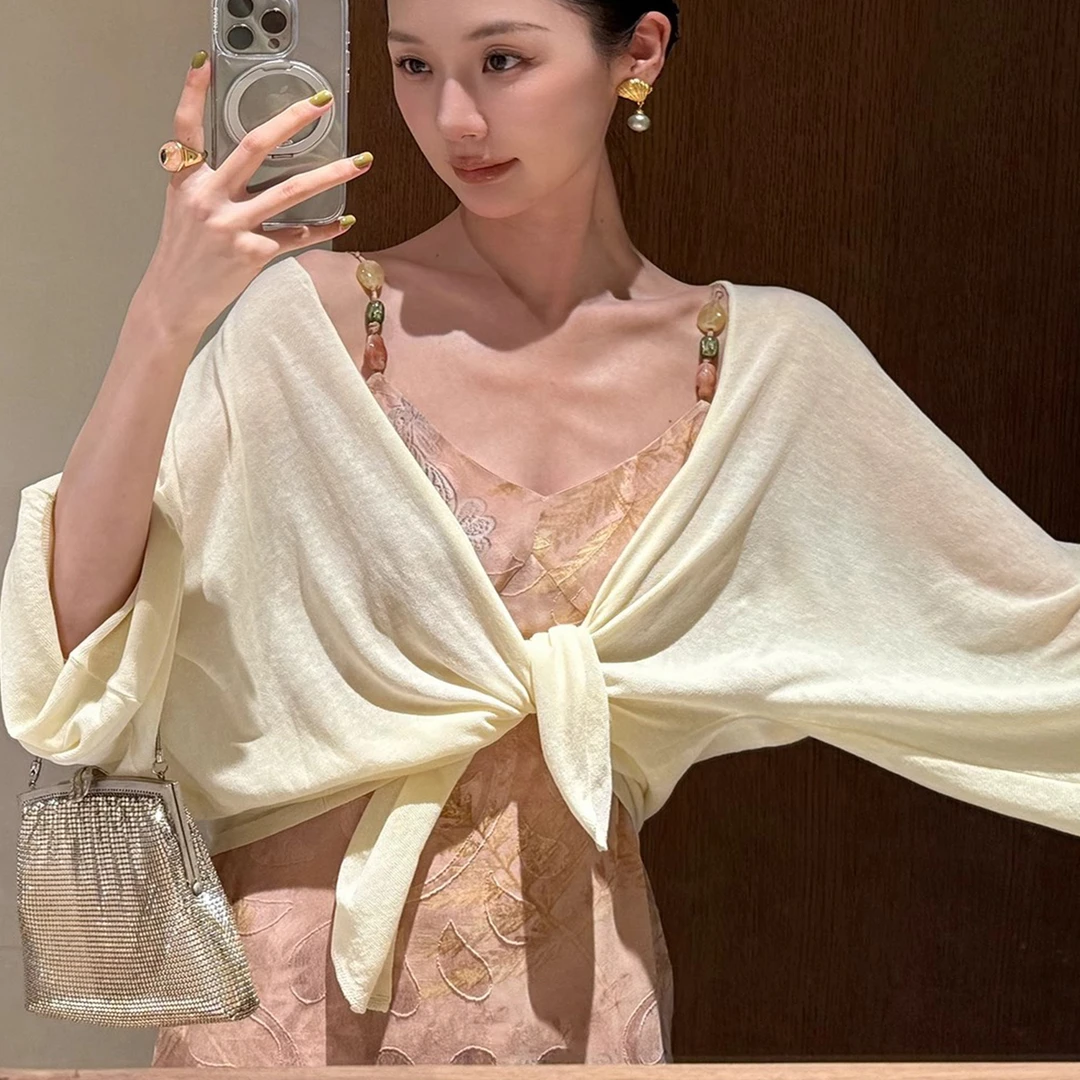 蝙蝠袖针织防晒开衫女夏季披肩吊带裙外搭宽松薄款长袖空调衫上衣