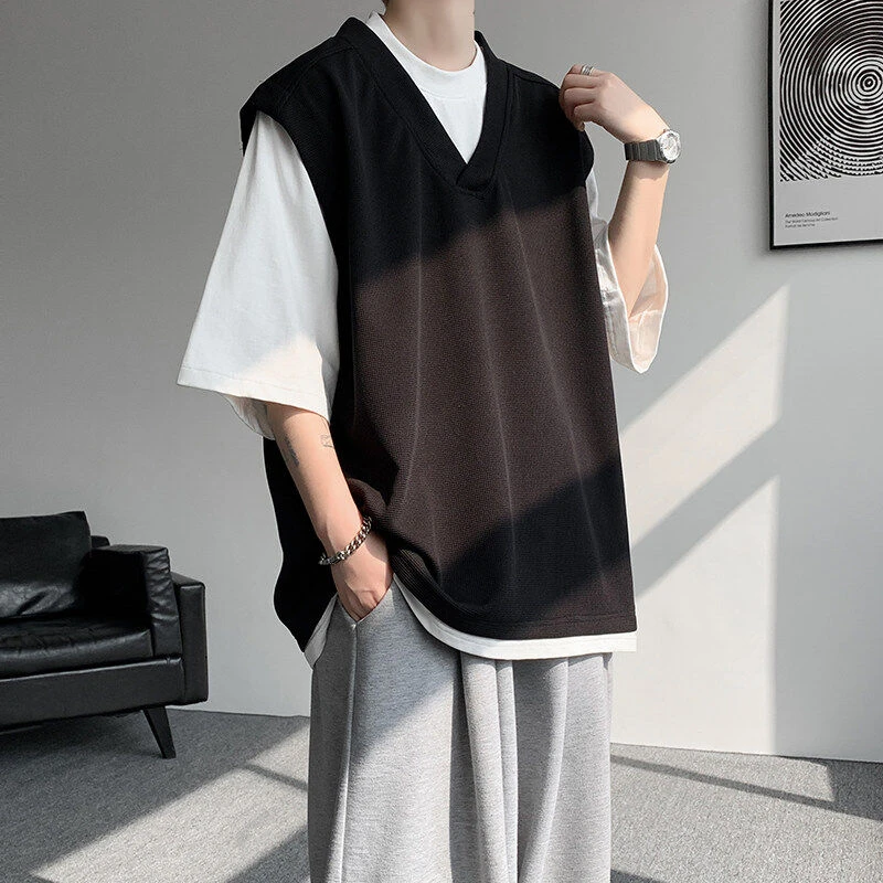 美式复古假两件短袖男设计感小众半袖t恤夏季加肥加大码中袖体恤