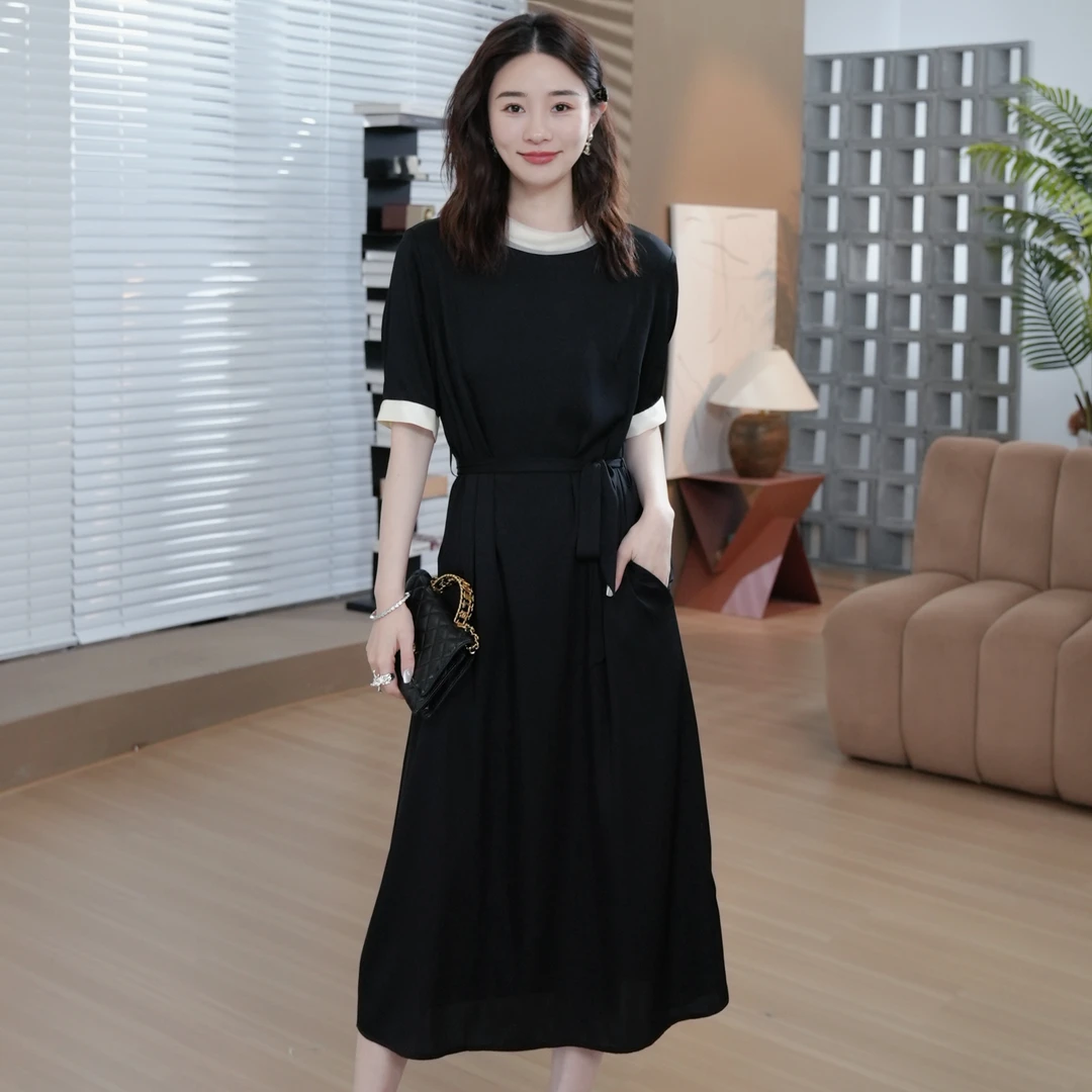 HELAAOMI“香香赫本”桑蚕丝撞色舒适收腰中长款连衣裙CY5BM72515