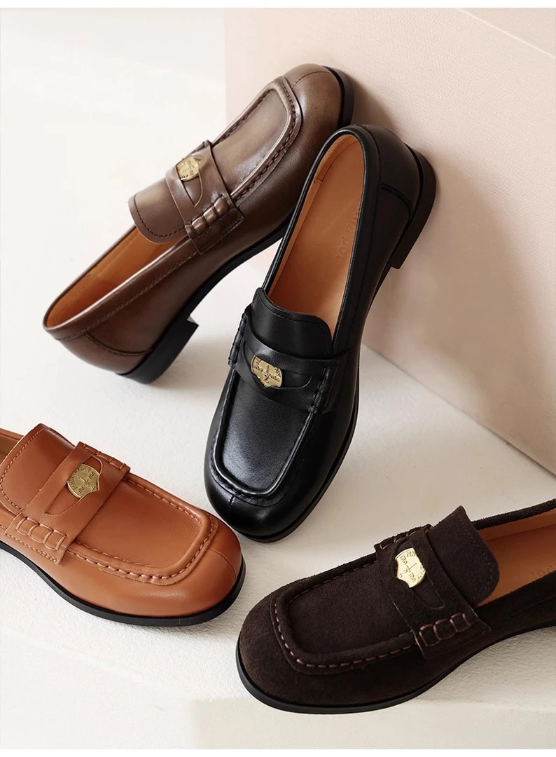 SIS PENG 新款英伦风金币乐福鞋女鞋方头平底小皮鞋做旧单鞋