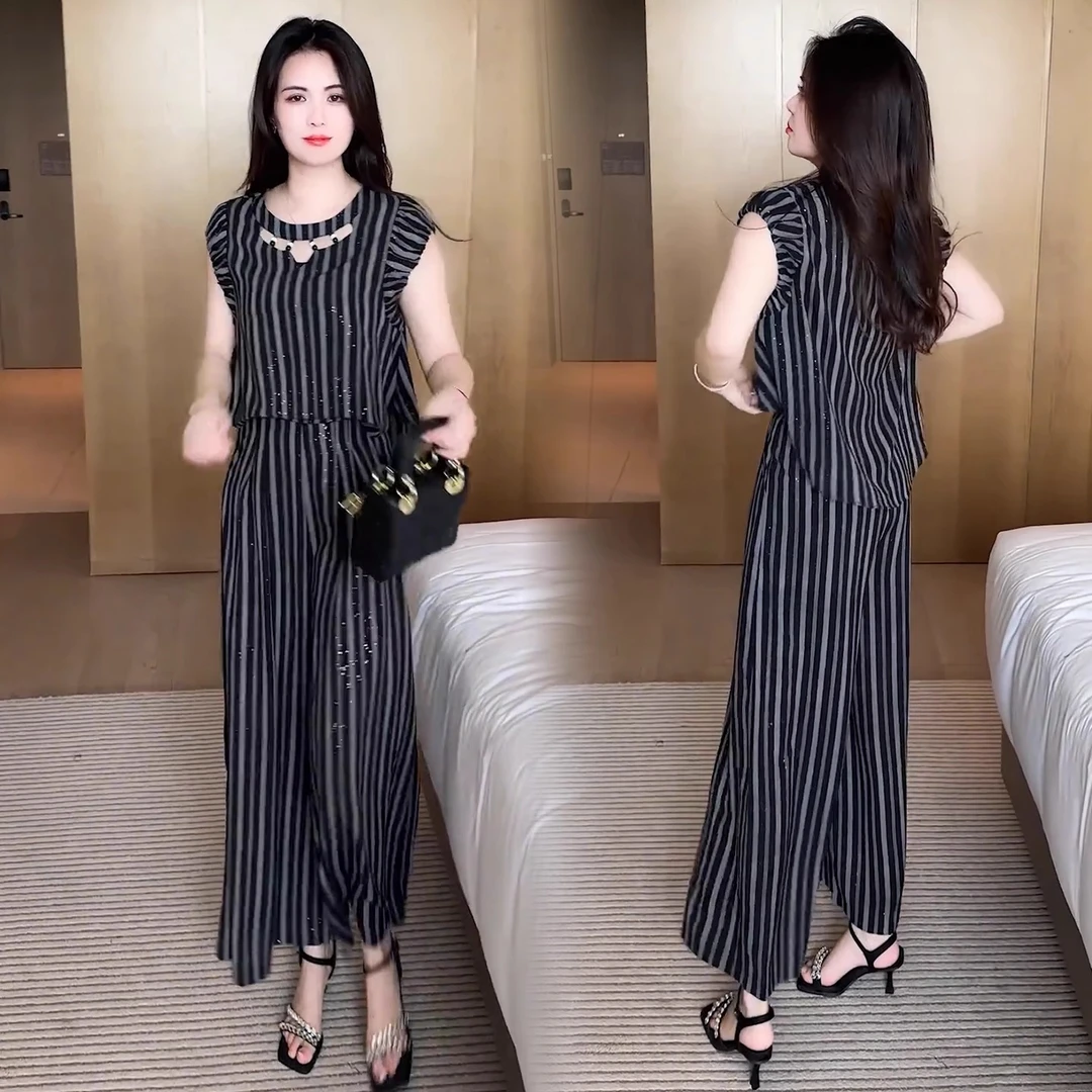 时尚套装女2025夏季新款洋气显瘦减龄休闲条纹气质阔腿裤两件套