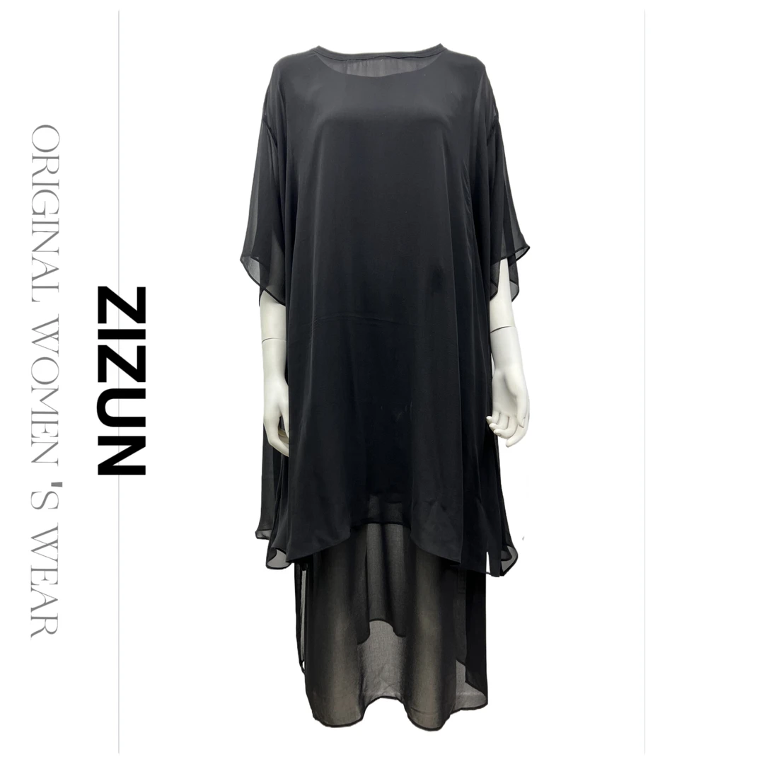 ZIZUN/姿の尊春夏黑色时尚气质宽松短袖桑蚕丝女士圆领罩衫上衣