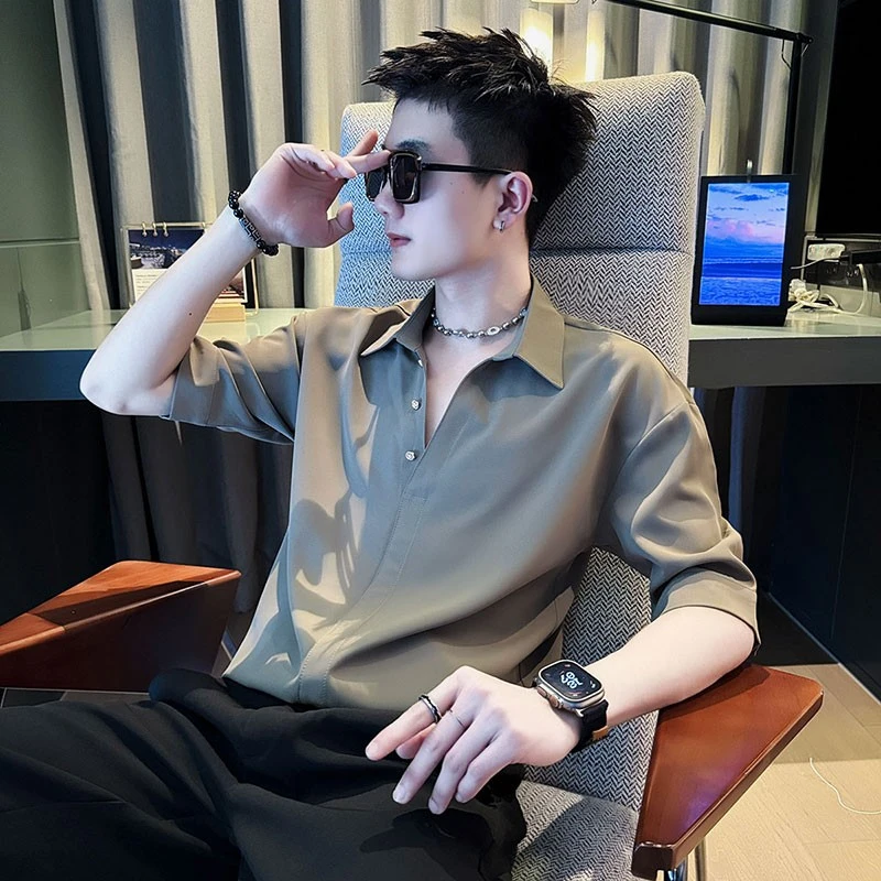 V领polo衫男痞帅衬衫短袖夏季冰丝男装纽扣新款夏装男式五分袖t恤