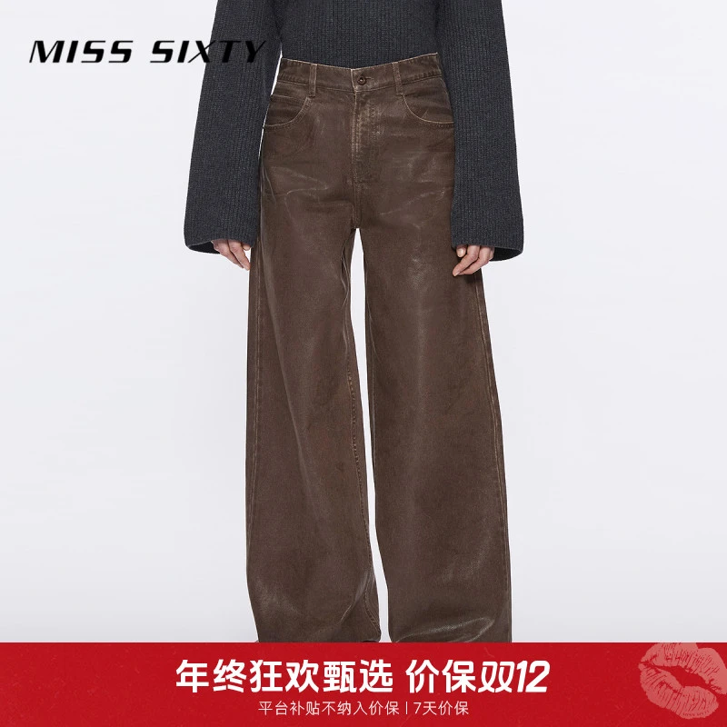 Miss Sixty冬季新款牛仔裤女复古深棕色光泽感涂层宽松直筒裤