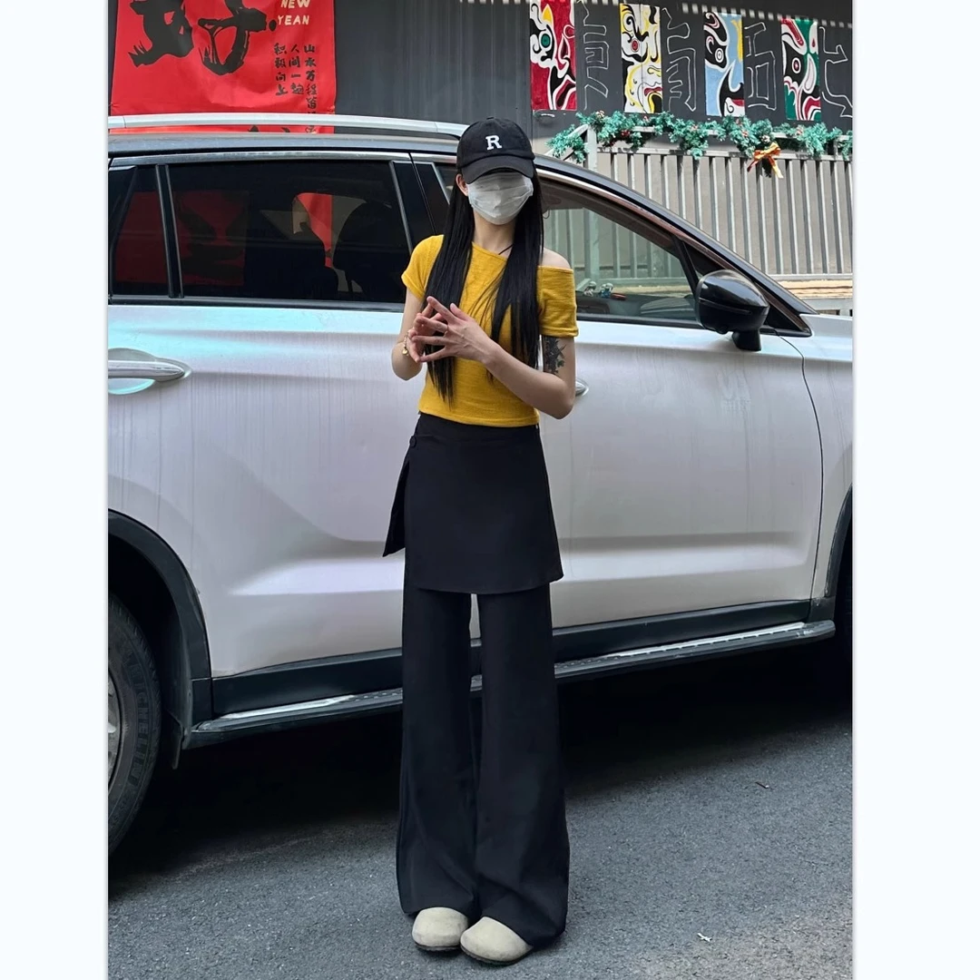 假两件设计微喇裤女2025秋季薄款通勤设计简约宽松休闲遮胯拖地裤