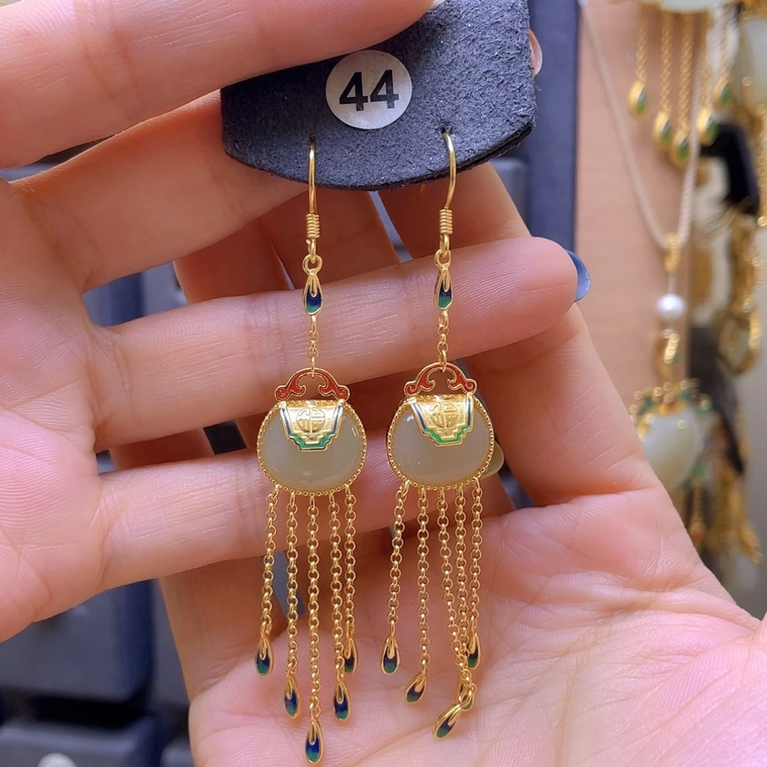 和田玉银S925镀金镶嵌耳饰