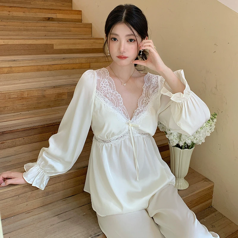 【君颜套装】春季新款睡衣女长袖法式性感蕾丝甜美可外穿家居服