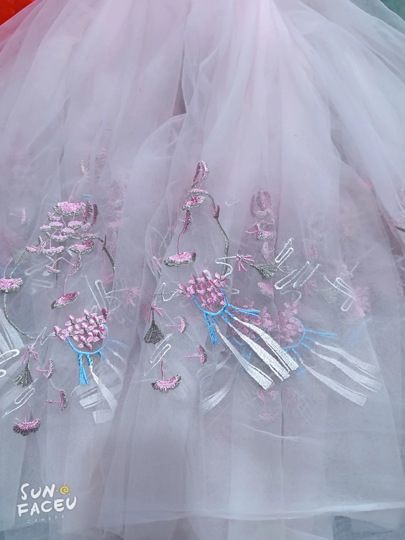 粉色绣花网纱国风刺绣绣花网纱可做衣服连衣裙宽1.5米长2米