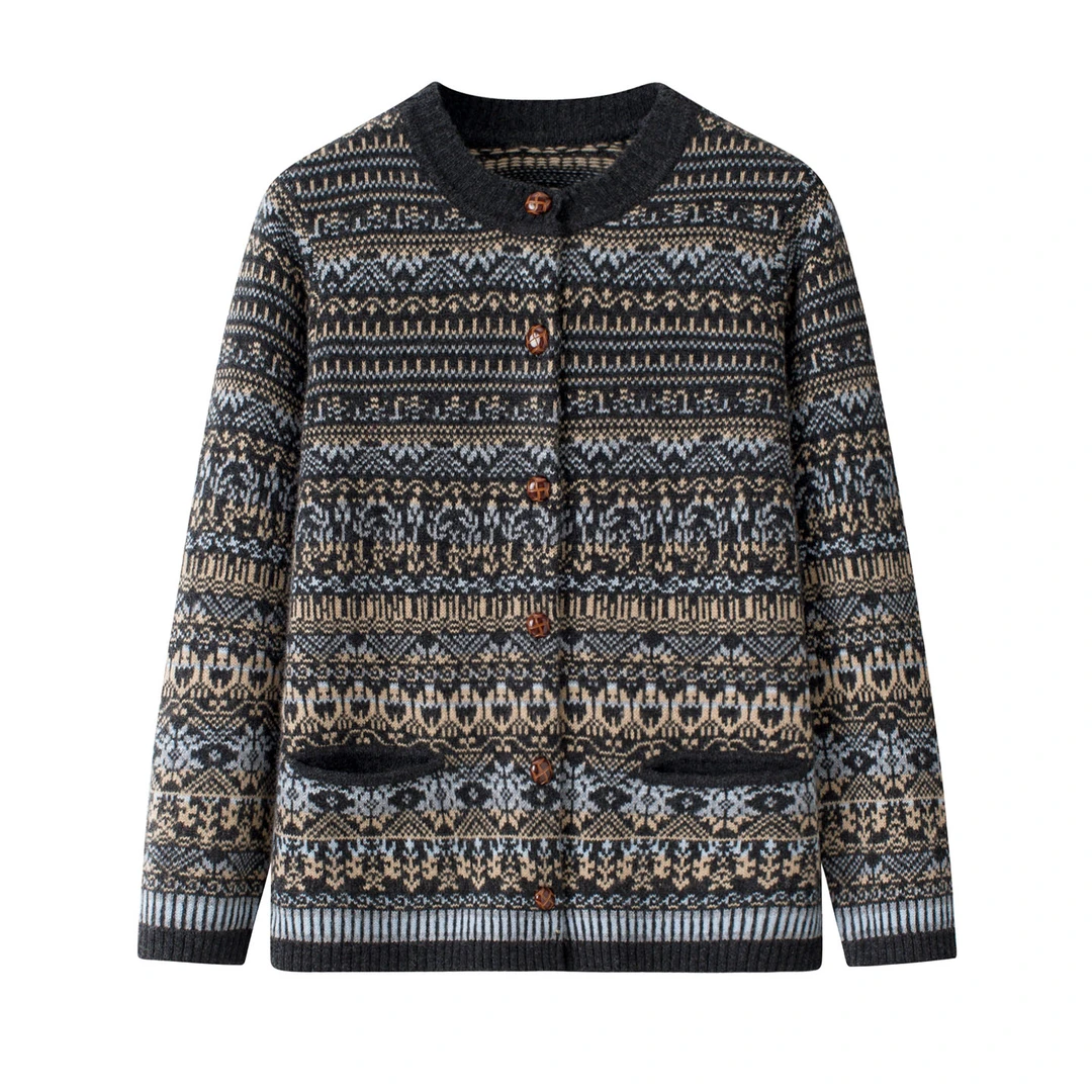 冬季新品羊毛衫女圆领妈妈装开衫加厚保暖毛衣提花长袖中老年外套