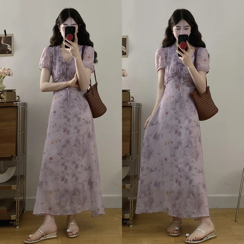 大码胖mm女装夏季新款紫霞仙子碎花连衣裙法式高级感显瘦长裙女
