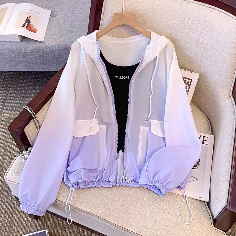 纯色夏季防晒女短外套常规宽松型口袋薄款碎花连帽