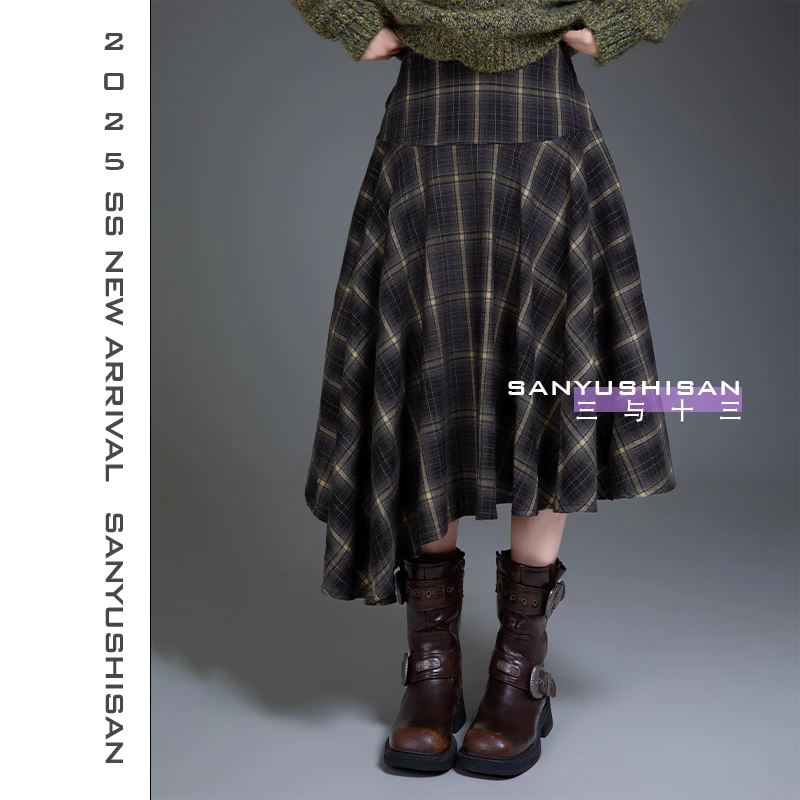 三与十三|出格玩家|复古时髦格纹不规则中长款半身裙-2
