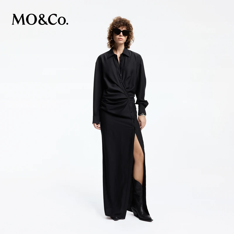 【达人专属】MOCO设计感捏褶收腰斜裁开叉衬衫长裙连衣裙MBD1DRS030