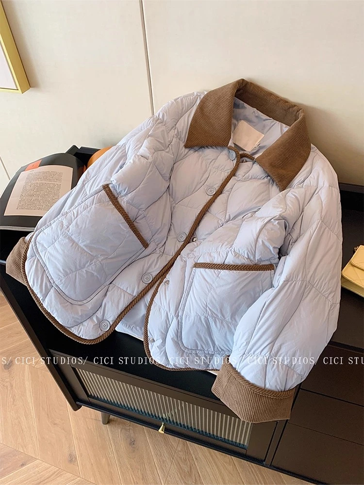 韩系简约撞色翻领夹棉棉服女装冬季2025新款宽松保暖厚实短款外套