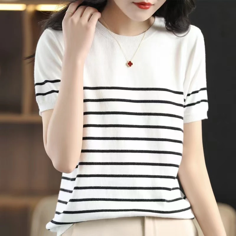 圆领条纹短袖T恤女100%纯棉线针织上衣
