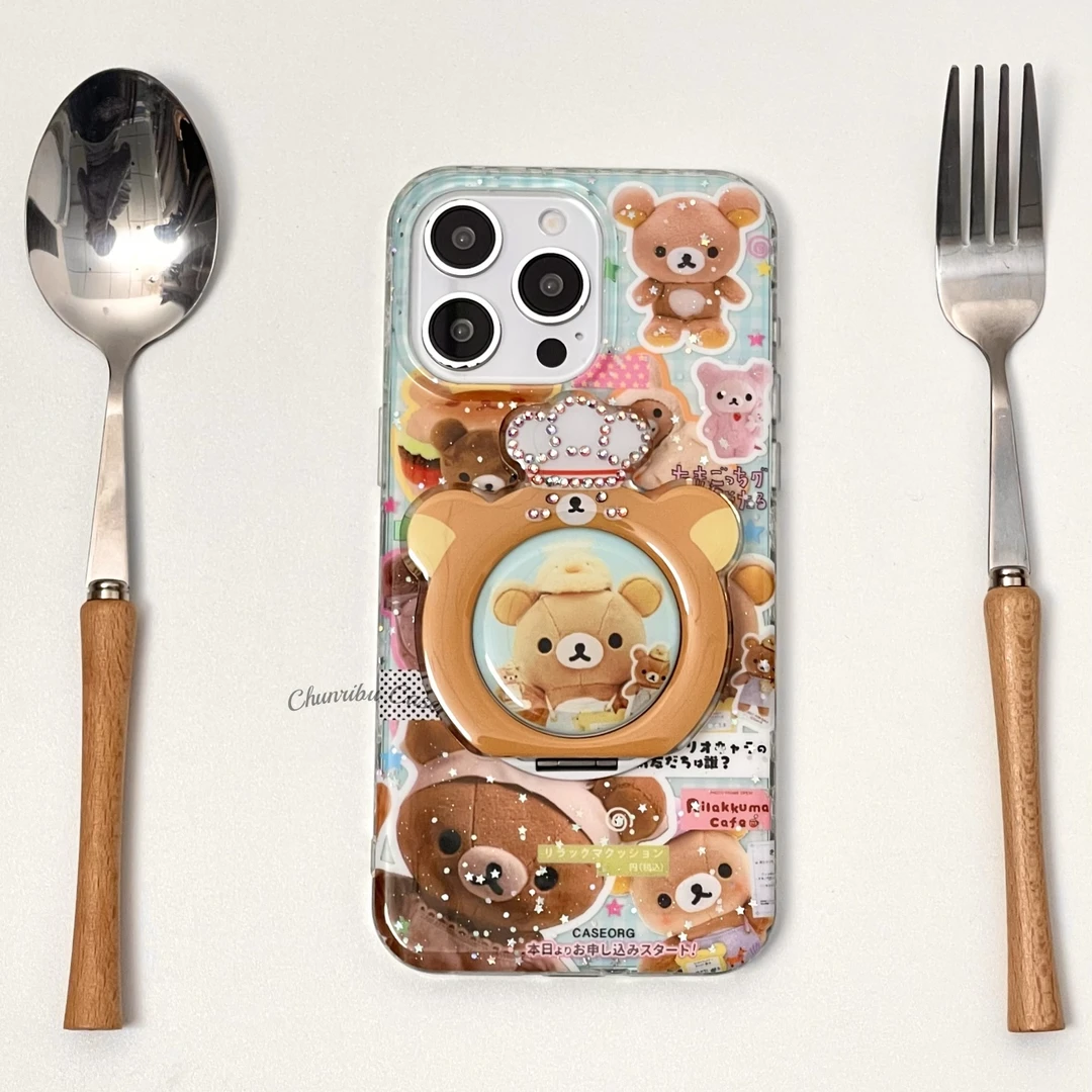 古早萌物公仔轻松熊适用iphone16手机壳细闪360旋转支架15/14/13