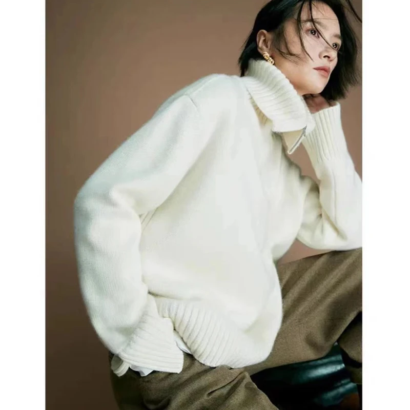 秋冬设计感灰色羊毛衫女宽松半开翻领拉链毛衣加厚软糯针织打底衫