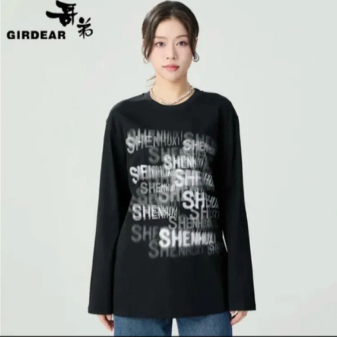 哥弟品质女装新款时尚休闲百搭纯棉印花圆领长袖宽松T恤女1300866