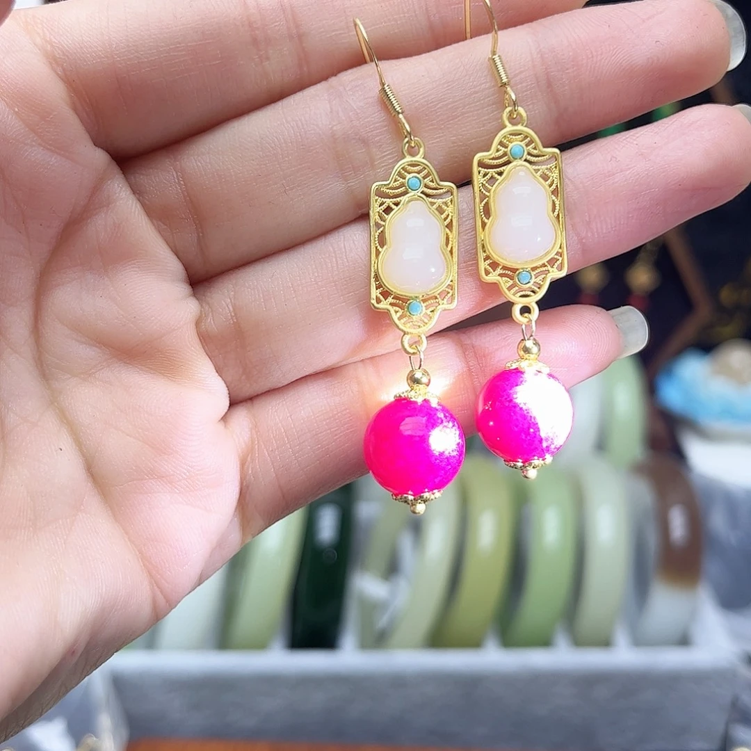 翡翠未镶嵌耳饰玫红