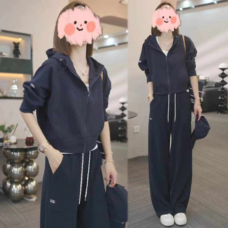 运动服装穿搭套装女2025新款抽绳连帽休闲外套直筒阔腿裤子两件套