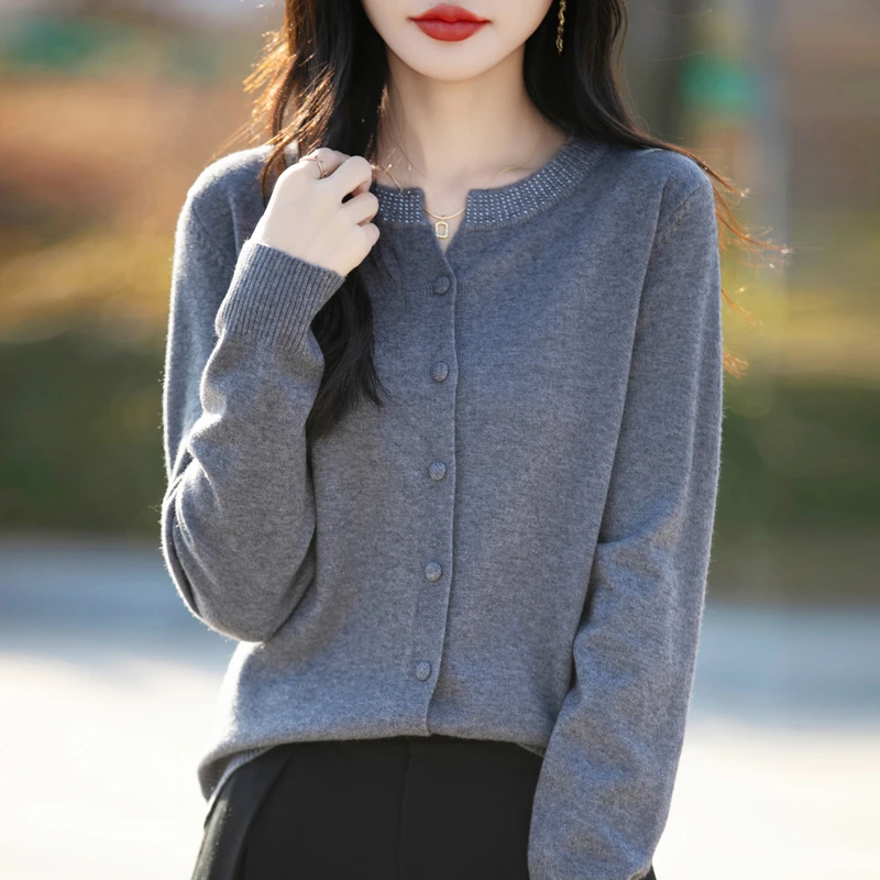 品牌女装正品秋圆领针织开衫烫钻纯色时尚休闲百搭宽松毛衣外套