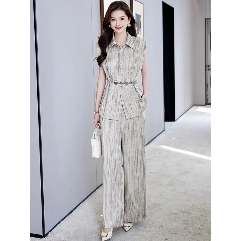 休闲时尚套装女20夏季新款职业装气质收腰无袖上衣阔腿裤两件套
