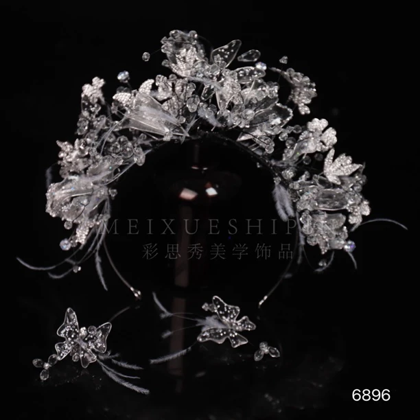 6896新娘皇冠羽毛公主高级银灰王冠甜美婚纱造型精致头饰