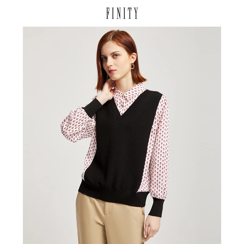 【雅姐甄选】 FINITY 新款假两件拼接针织衫复古翻领 F21UD3303S