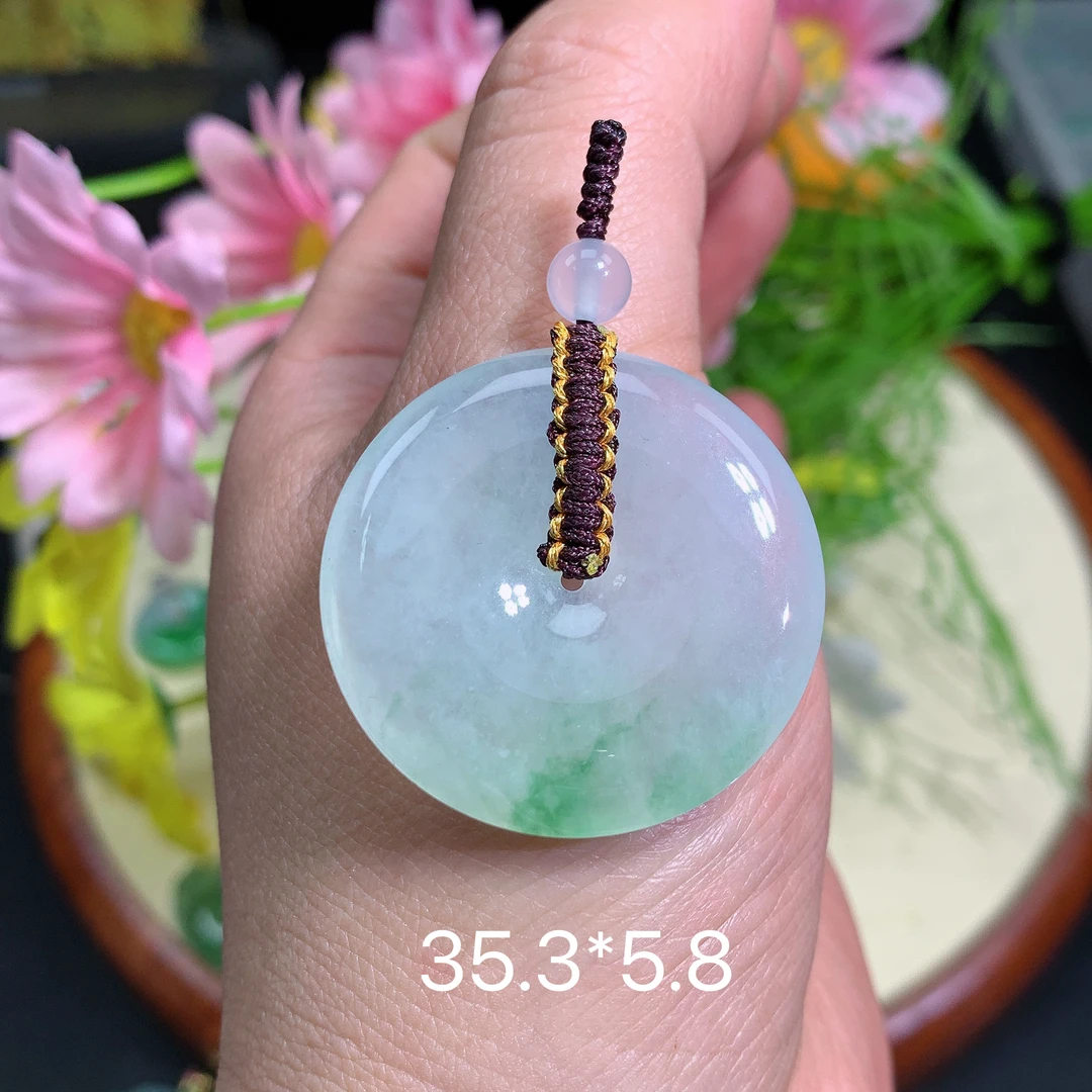 缅甸翡翠A货冰种飘花平安扣品吊坠挂件水润百搭精冰气质妈妈雕刻