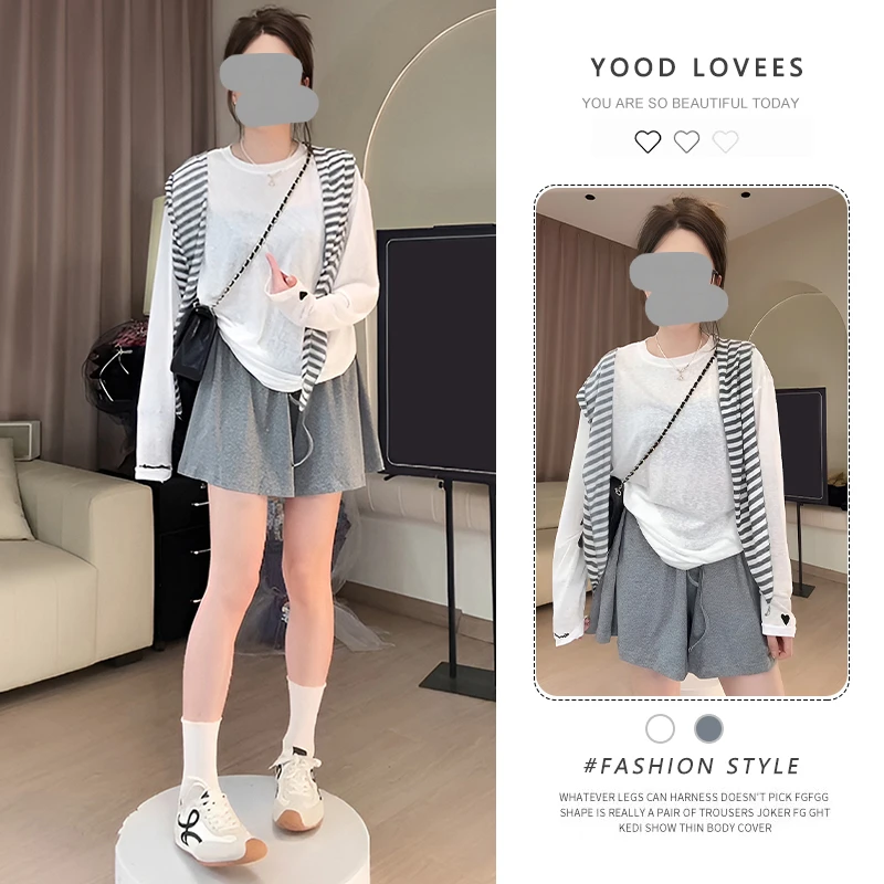 韩版慵懒风套装薄款长袖T恤女外搭条纹披肩夏季阔腿短裤三件套潮