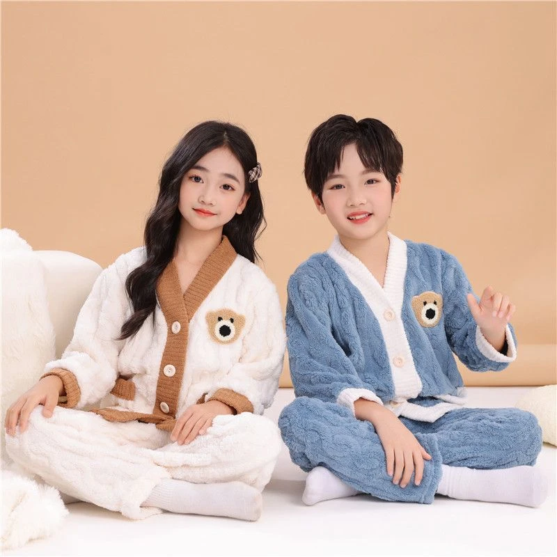 女童儿童法兰绒睡衣秋冬季加绒加厚女孩宝宝大童男童珊瑚绒家居服