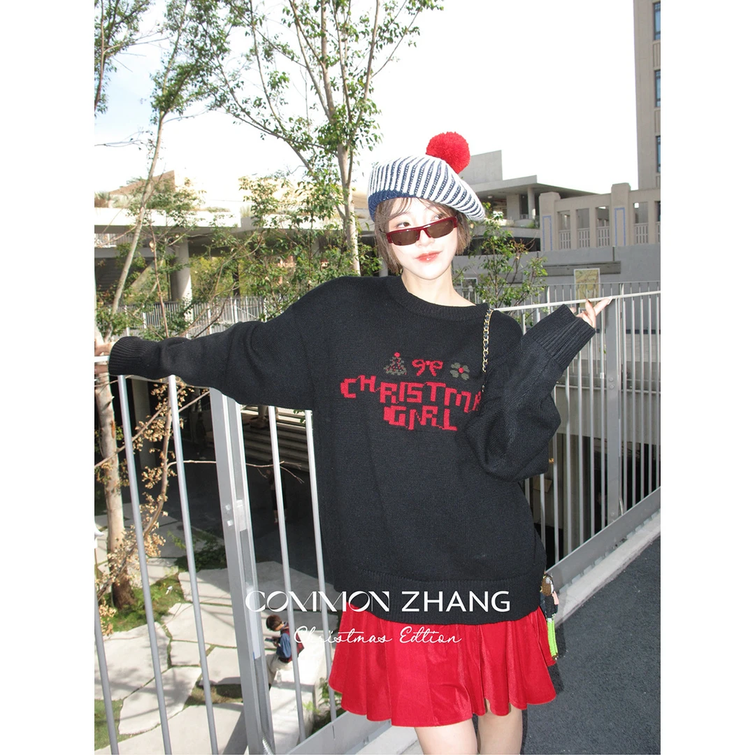 CZZHANG圣诞氛围感字母提花套头毛衣女秋冬甜美休闲针织衫B45315