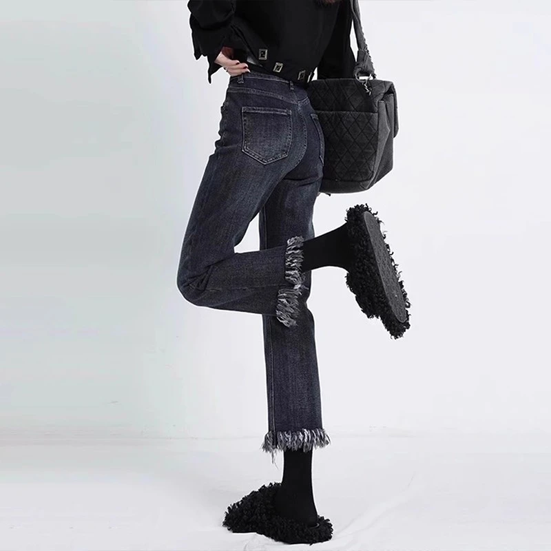 流苏毛边直筒牛仔裤女2025秋季新款高腰显瘦弹力小个子九分烟管裤