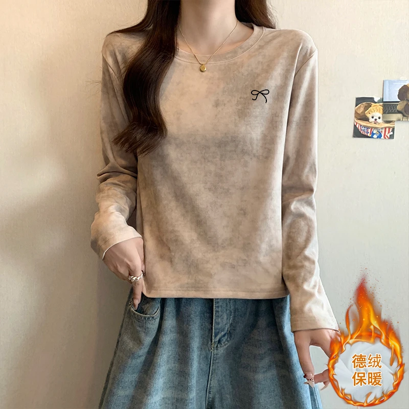 美式扎染德绒正肩磨毛长袖t恤女圆领上衣加厚款内搭打底衫秋冬季