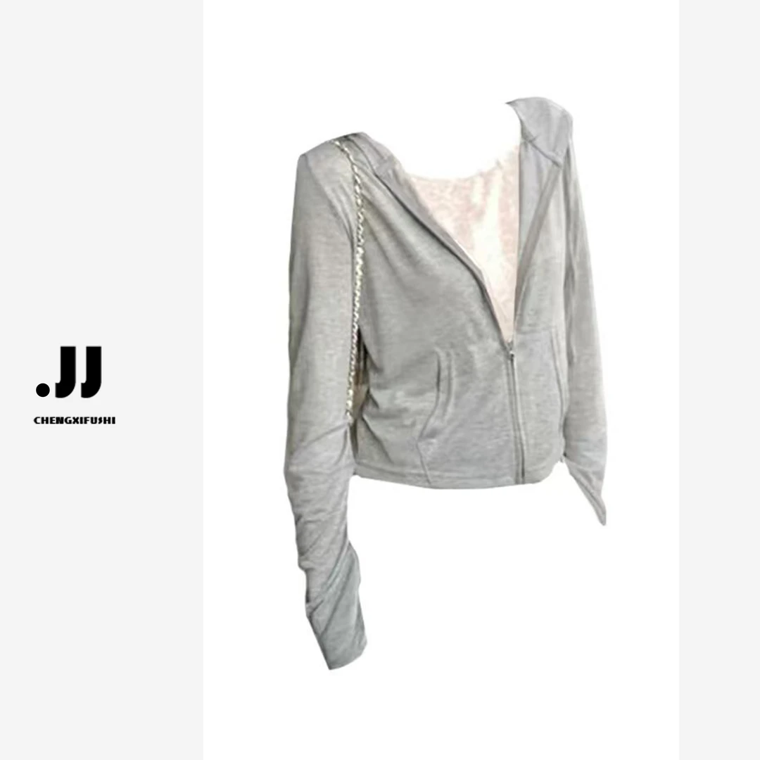 Y2979 夏季连帽宽松长袖假两件上衣休闲风时尚开衫