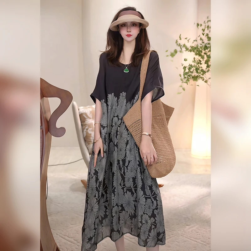 【UPSTAR高端线】夏季时尚轻奢气质印花苎麻连衣裙AA5LYH2491