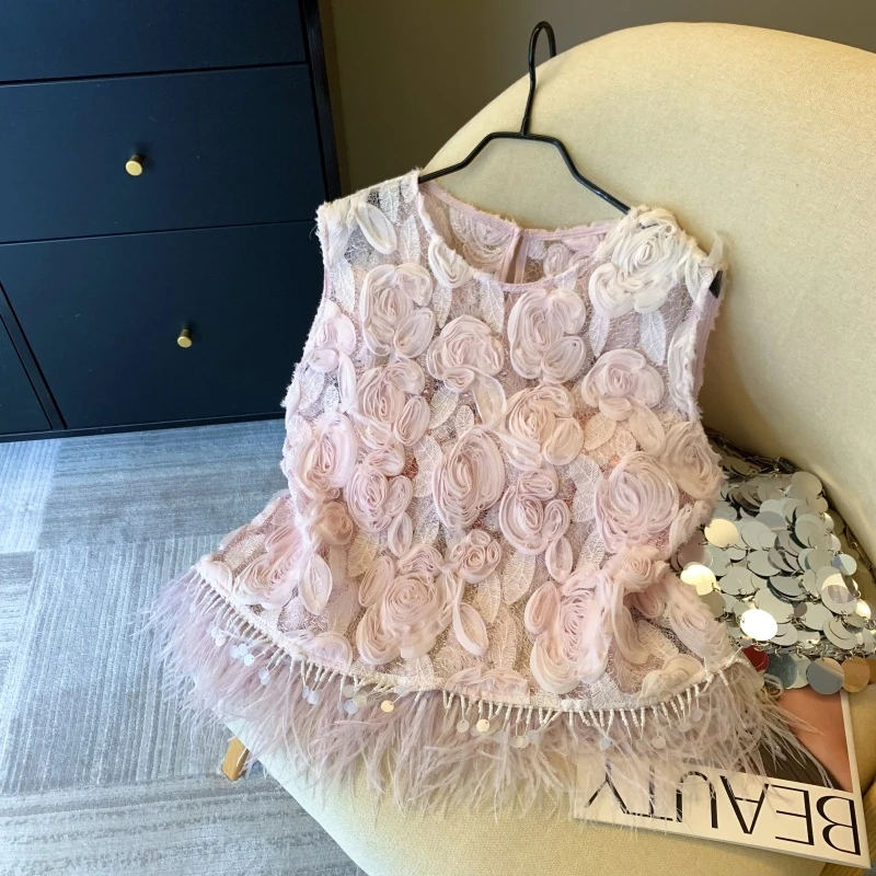 固质实拍小香风重工吊带立体花朵马甲夏季高级感流苏蕾丝背心女