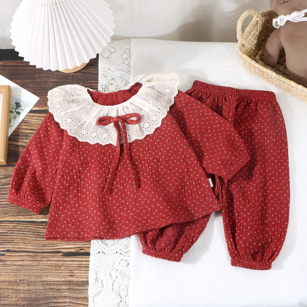 甜美花边儿童家居服睡衣宝宝双层纱布夏季婴幼儿纱布休闲家居服