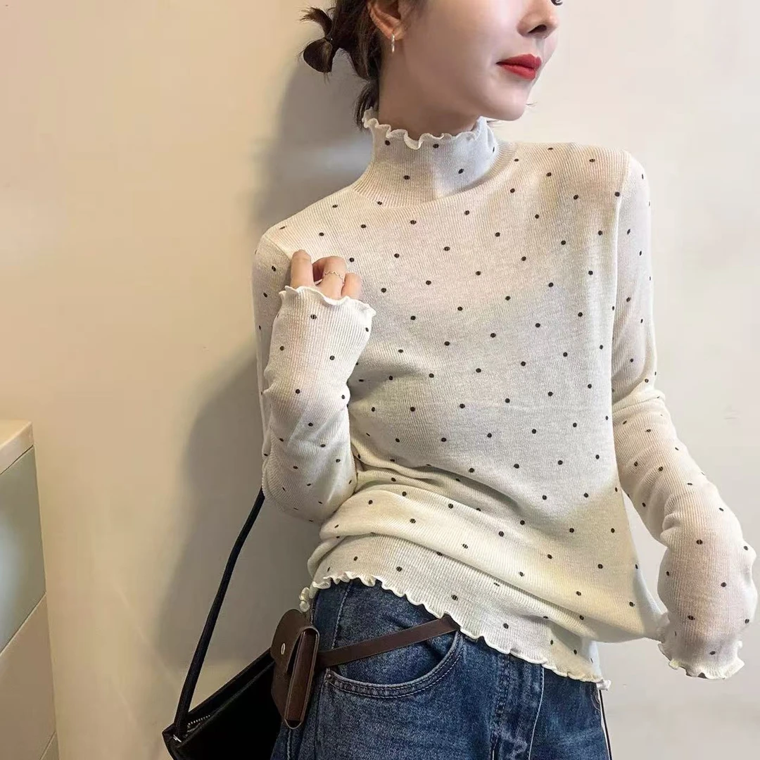 玉姐家秋冬款木耳边波点高领弹力打底f1967 J6397