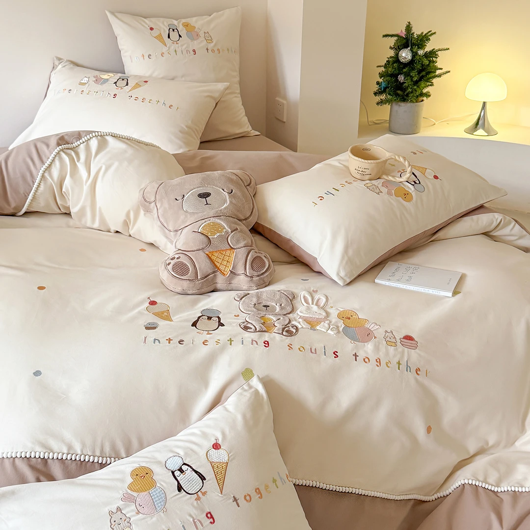 轻奢100支纯棉床上四件套全棉加厚磨毛卡通贴布绣被套床单款床品